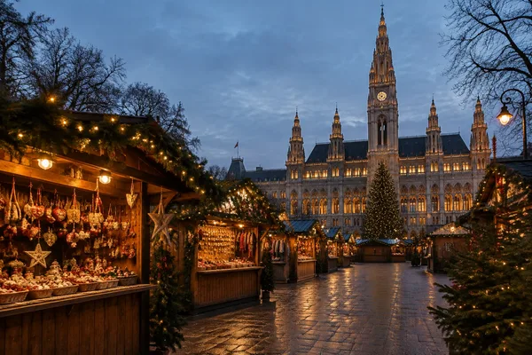 Adventné trhy pred viedenskou radnicou večer